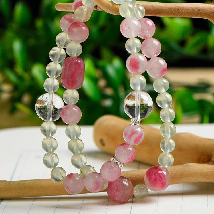 Wood & Fire Inspired Double Wrap Bracelet | Prehnite, Rhodonite & Green Phantom Quartz