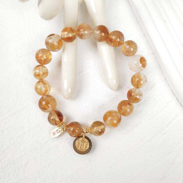 Natural Golden Rutilated Quartz & Citrine Crystal Bracelet with Agarwood Charm – Feng Shui Wealth Luck Jewelry