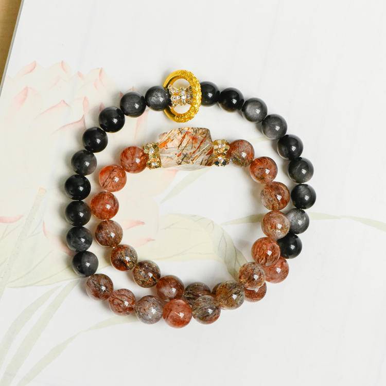 Natural Black Gold Super Seven Crystal & Silver Obsidian Double Wrap Bracelet – Boho Gemstone Statement Jewelry