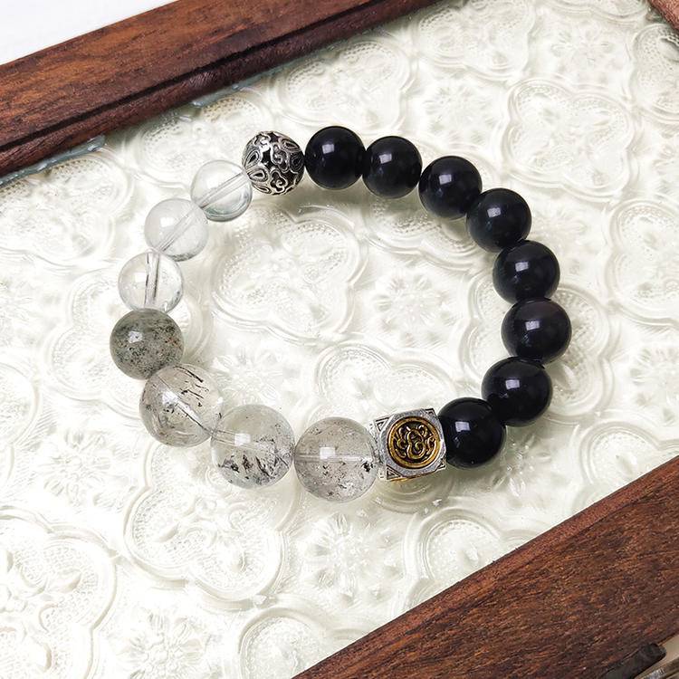 Men's Black Obsidian, Hematite & Quartz Beaded Bracelet | Natural Gemstone Jewelry