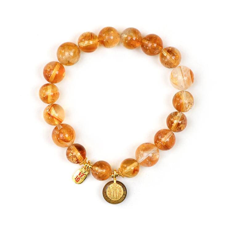 Natural Golden Rutilated Quartz & Citrine Crystal Bracelet with Agarwood Charm – Feng Shui Wealth Luck Jewelry