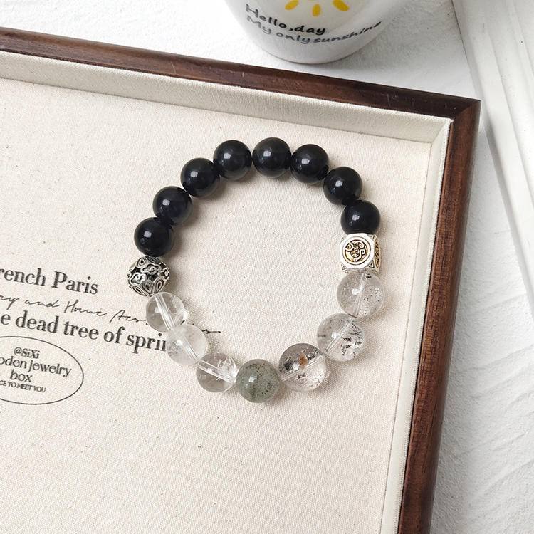 Men's Black Obsidian, Hematite & Quartz Beaded Bracelet | Natural Gemstone Jewelry