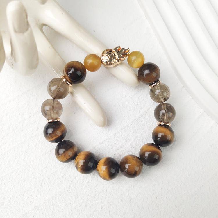 Men's Tiger Eye & Smoky Quartz Bracelet – Natural 12mm Gemstone Beads