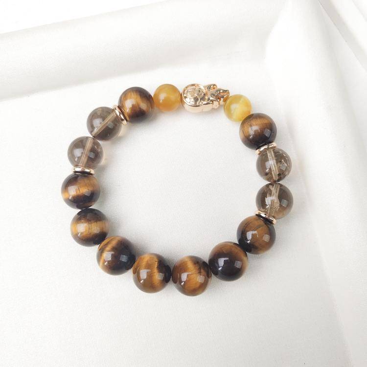 Men's Tiger Eye & Smoky Quartz Bracelet – Natural 12mm Gemstone Beads