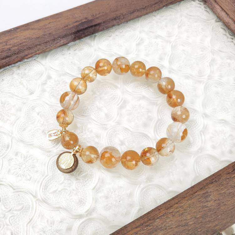 Natural Golden Rutilated Quartz & Citrine Crystal Bracelet with Agarwood Charm – Feng Shui Wealth Luck Jewelry