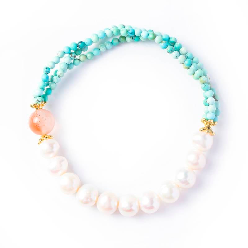 Almond Blossom Inspired Natural Gemstone Bracelet for Women | Turquoise Pearl & Agate Beaded Jewelry