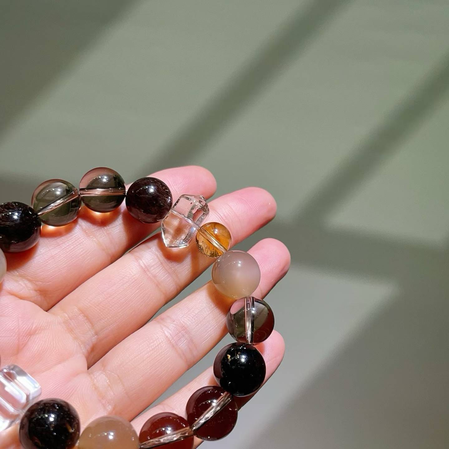 Natural Smoky Quartz & Black Gold Super Seven Gemstone Bracelet with Moonstone and Quartz