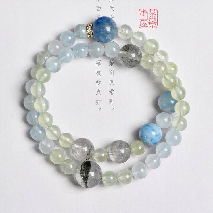 Water Wood Inspired Natural Gemstone Bracelet | Aquamarine & Green Phantom Quartz