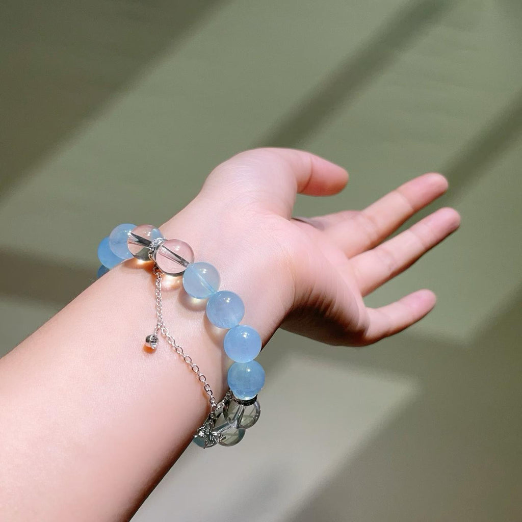 Aquamarine Beaded Bracelet | Natural Blue Gemstone Jewelry with Quartz
