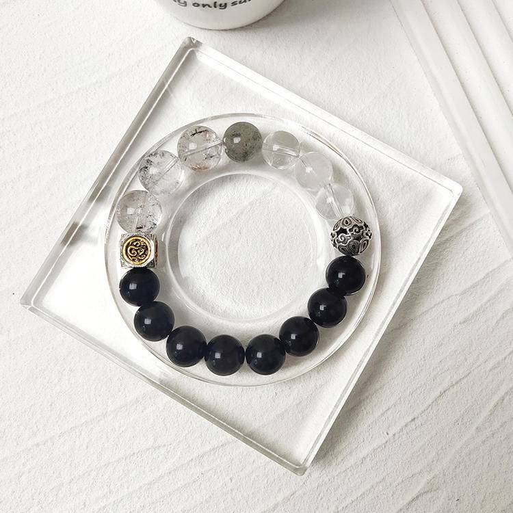 Men's Black Obsidian, Hematite & Quartz Beaded Bracelet | Natural Gemstone Jewelry