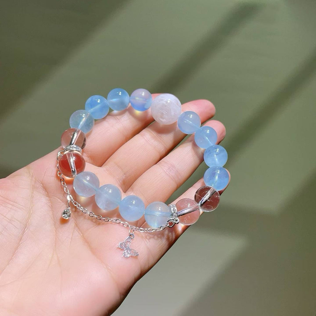 Aquamarine Beaded Bracelet | Natural Blue Gemstone Jewelry with Quartz