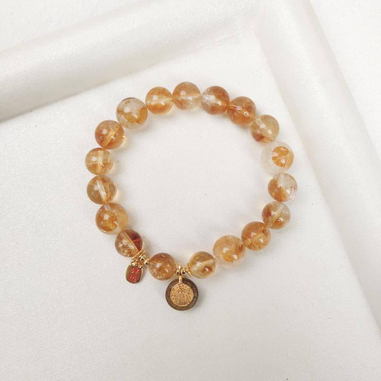 Natural Golden Rutilated Quartz & Citrine Crystal Bracelet with Agarwood Charm – Feng Shui Wealth Luck Jewelry