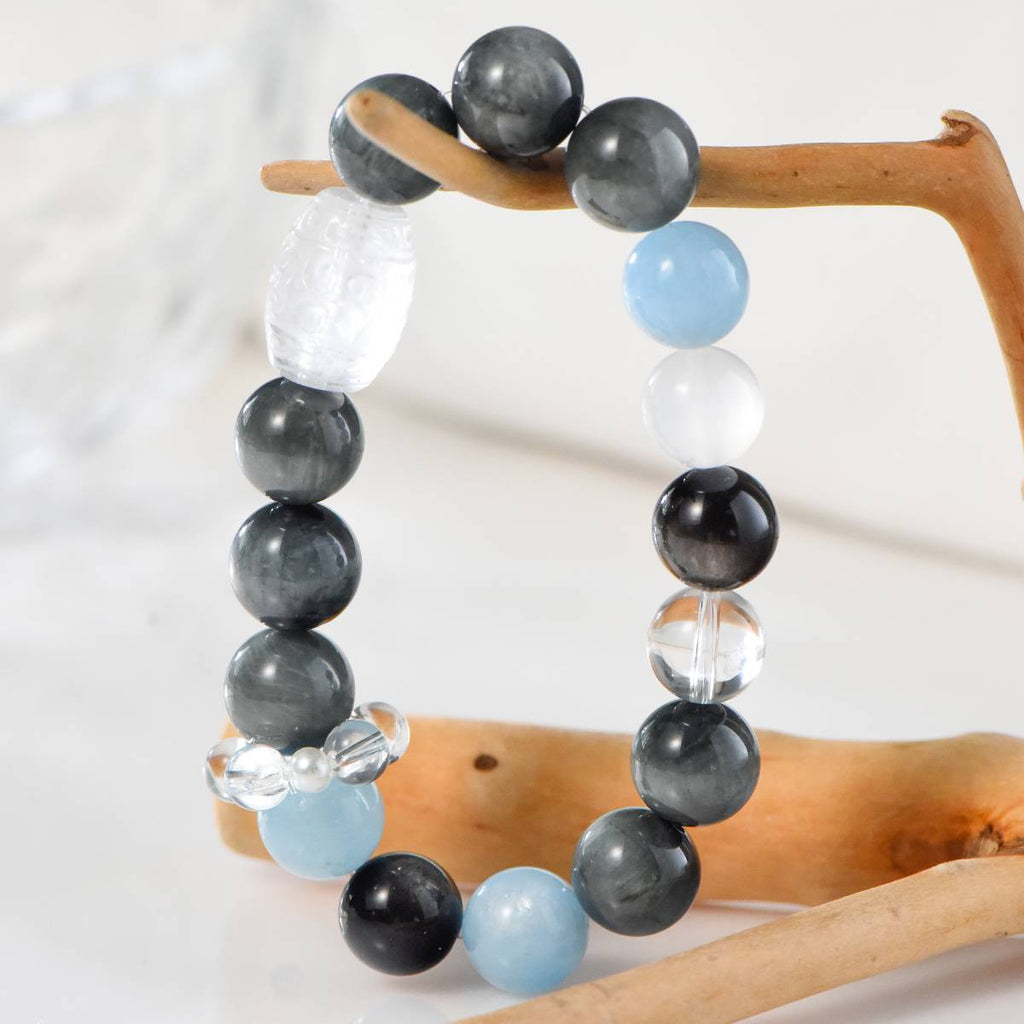 Silver Obsidian & Aquamarine Couple's Bracelet Set a€¡± His & Hers