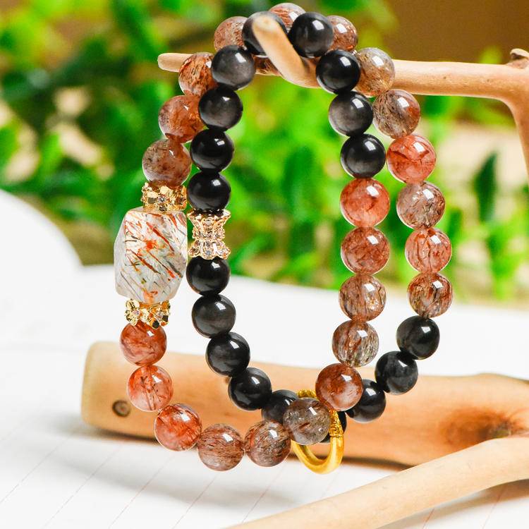 Natural Black Gold Super Seven Crystal & Silver Obsidian Double Wrap Bracelet – Boho Gemstone Statement Jewelry