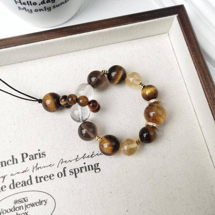 Natural Citrine & Tiger Eye Crystal Phone Charm | Golden Crystal Beaded Phone Strap, Lucky Gemstone Keychain & Bag Charm