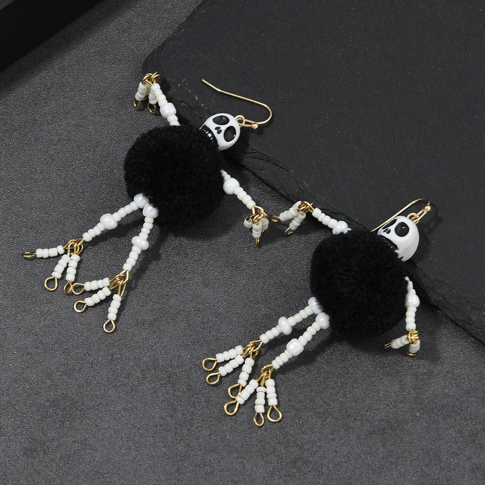 Halloween Skull Robot Pom Pom Drop Earrings