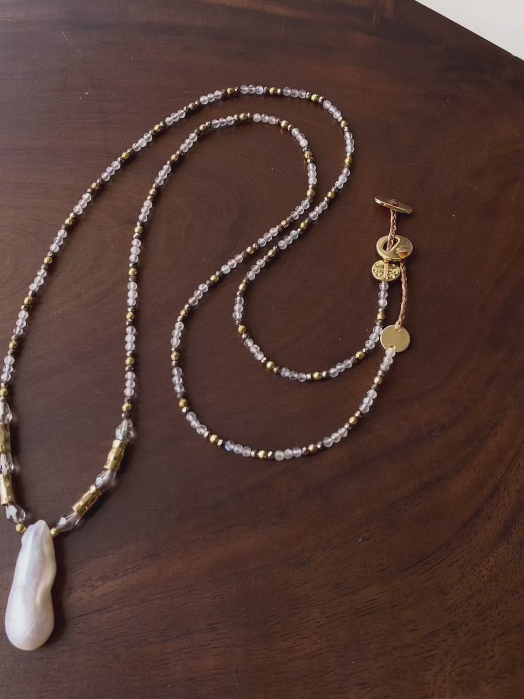 70cm Irregular Baroque Pearl & Grey Flash Stone Long Necklace | 18K Gold Plated Multi-Stone Layered Chain